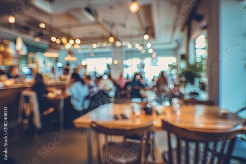 A softly blurred interior view of a bustling restaurant showcases warm lighting and a lively atmosphere, capturing the essence of a social gathering.