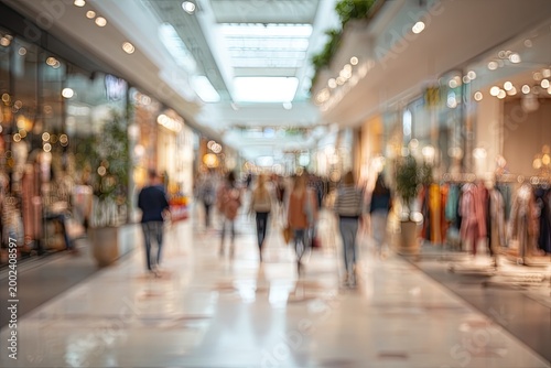A blurred, long-exposure shot captures the bustling atmosphere of a modern shopping mall, filled with shoppers and illuminated by warm, inviting lights.