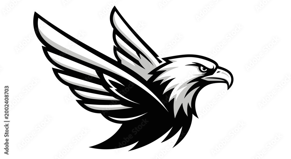 Fototapeta premium Majestic Eagle Head Profile with Wings Spread, Black and White Vector Art