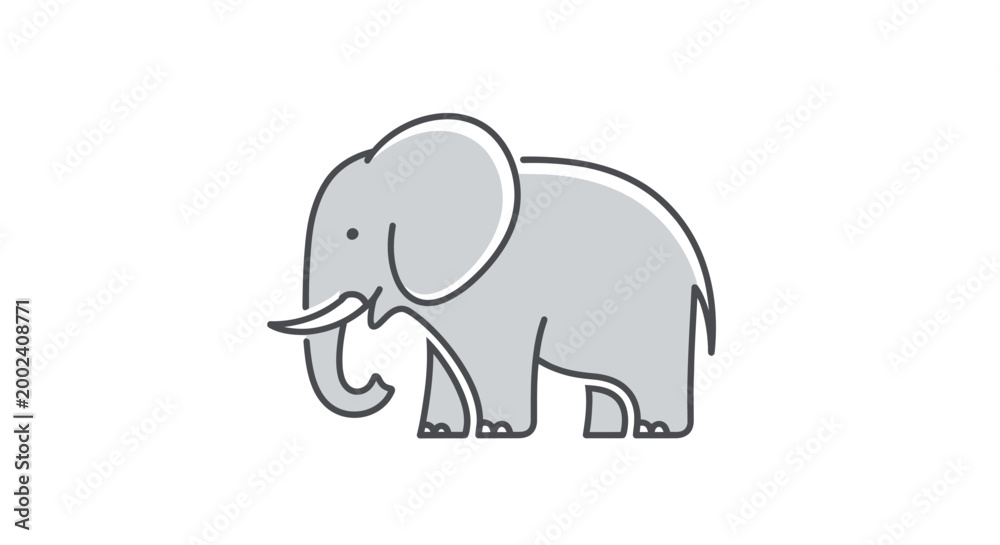 Fototapeta premium Cute cartoon elephant illustration, simple outline drawing, isolated on white background