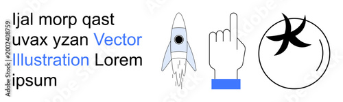 Creative concepts for innovation, technology, symbols, communication, graphic design, and minimalism. Features a rocket, a hand gesture and a circular symbol. Innovation and technology design