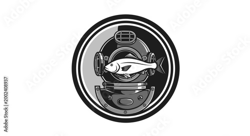 Vintage Diving Helmet with Fish Emblem - Nautical Retro Logo Concept