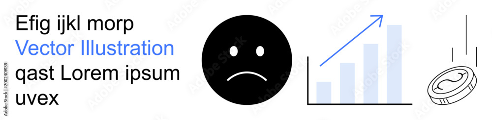 Fototapeta premium Financial crisis, economic decline, loss, investment risks, downturn, market analysis. Sad face with downward arrow and falling coin. Financial crisis and economic decline concept