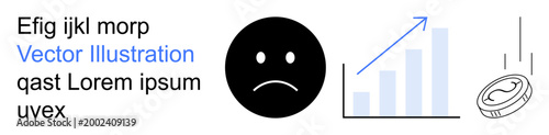 Financial crisis, economic decline, loss, investment risks, downturn, market analysis. Sad face with downward arrow and falling coin. Financial crisis and economic decline concept
