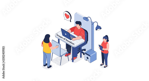 Isometric Illustration of a Man Working on a Laptop with Colleagues.