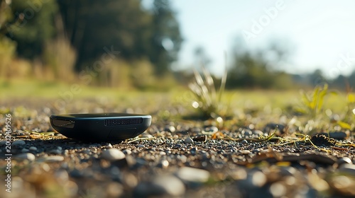 Generative Ai a sleek black smartphone lying on a gravel