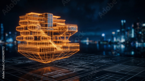 Futuristic architectural wireframe hologram of a modern city building against a blurred metropolis