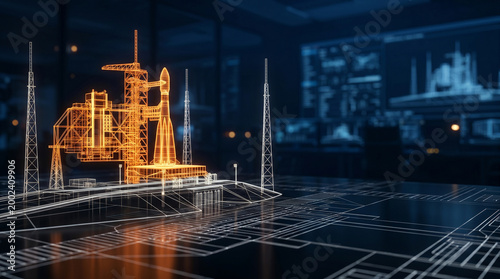Futuristic holographic blueprint of a rocket launch complex in a high-tech control room environment
