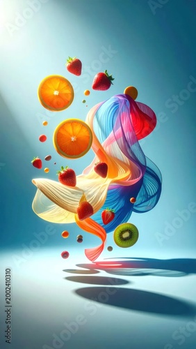 Colorful fruits suspended amidst swirling ribbons against a bright, gradient background