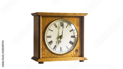 Фотография Isolated traditional wooden mantel clock with Roman numerals, a classic timekeep
