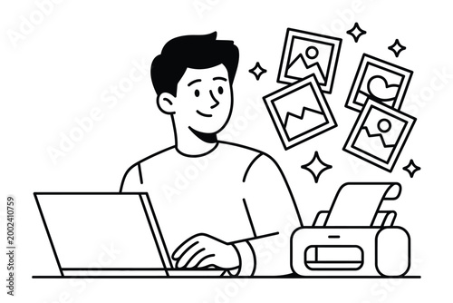 Graphic designer works at a laptop computer to organize photos for print.