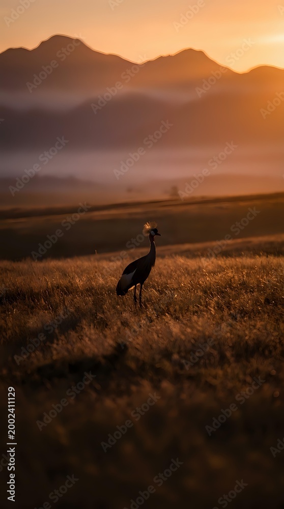 Obraz premium Crowned crane silhouette standing in golden grassland at sunset with misty mountains in background creating dramatic wildlife landscape scene.