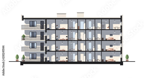 Cross-Section View of Modern Apartment Building Interior with Furniture and Rooms, Architectural Cutaway Flat Vector Illustration