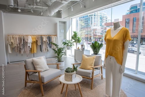 Bright minimalist retail space with clothing racks and seating area