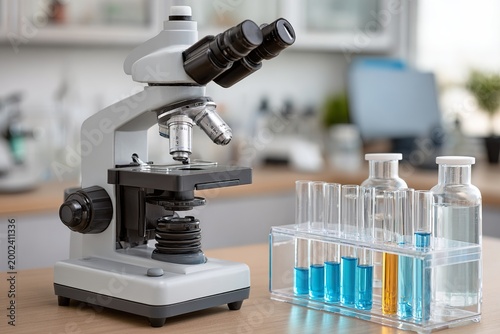 Scientific laboratory equipment including a microscope and test tubes with colorful liquids