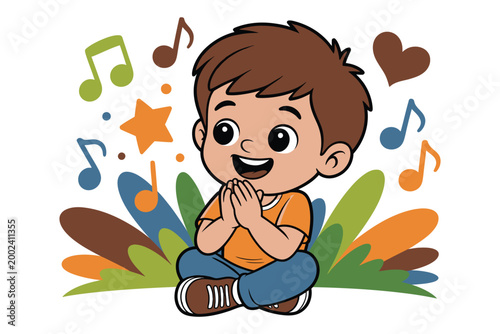 Boy sitting on grass is singing happily with musical notes surrounding his.