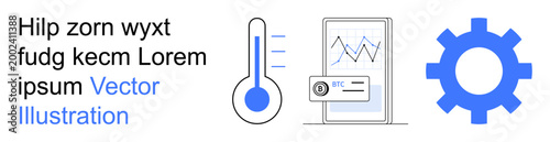 Technology, analytics, finance, engineering, data tracking, process optimization. Thermometer, chart on a smartphone screen gear icon. Technology and analytics concept
