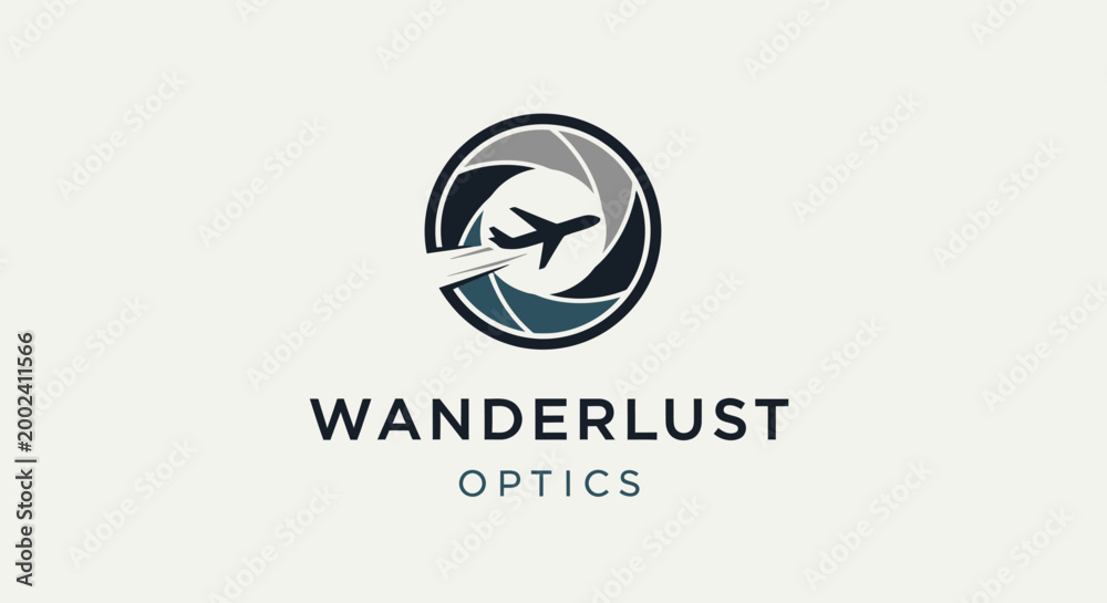 Fototapeta premium Airplane flying through camera aperture lens, Wanderlust Optics logo