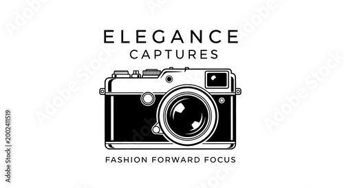 Retro Camera Logo with "Elegance Captures" and "Fashion Forward Focus" Text