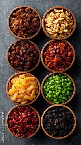 Assortment of dried fruits and nuts in wooden bowls arranged in a spiral pattern