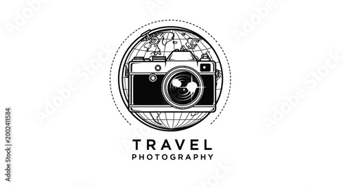 Vintage Camera Globe Logo - Travel Photography Icon