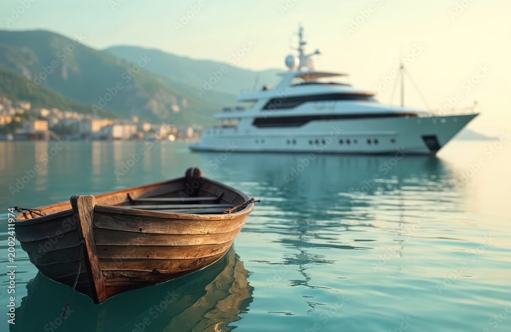 Obraz premium Small wooden boat floats on calm sea near large luxury yacht. Coastal town on hills in background. Peaceful morning water scene with clear sky and distant mountains.