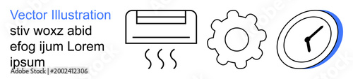 Climate control, time management, engineering processes, precision, technology workflow, mechanical systems. Line art showing an air conditioning unit, a gear and a clock. Climate control and time