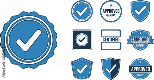 Blue Approval icon set, certified medal symbol, Approved quality sign, 