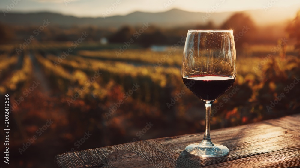 Obraz premium A glass of red wine on a rustic wooden table overlooking a sunlit vineyard at golden hour with mountains in the background and warm natural ambiance