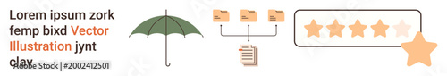 Data security, information sharing, risk management, quality assurance, feedback, online ratings. Green umbrella, folder flow document and star rating icons. Data security and quality assurance