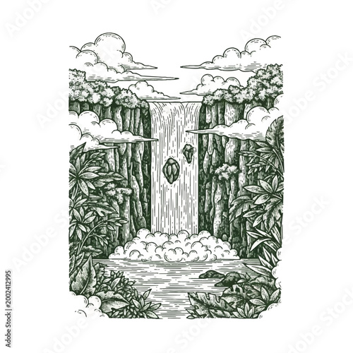 Waterfall with leaves and cloudy sky.
