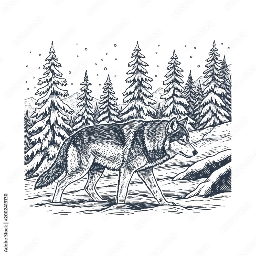 Obraz premium Wolf Walking in Snowy Forest.