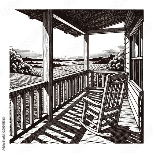 Wooden rocking chair on porch.