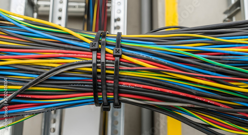 Colorful wires and cables neatly organized with cable ties in a server room or data center. Generative AI