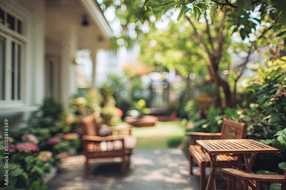 Fototapeta premium A softly blurred view showcases a tranquil outdoor patio area with wooden furniture nestled amongst lush greenery and a charming house facade.