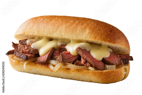 Canvastavla Isolated delicious steak and cheese sub sandwich with melted sauce and caramelized onions