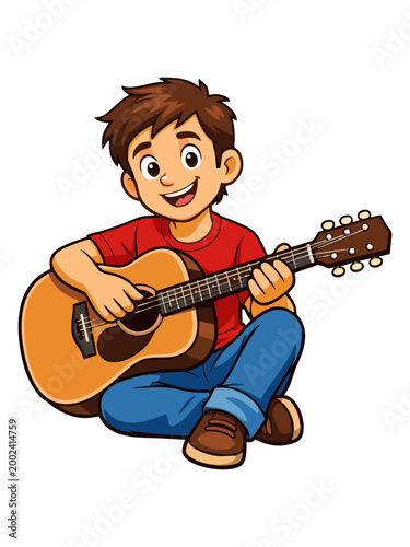 Illustration of a happy boy playing an acoustic guitar while sitting cross-legged and smiling.