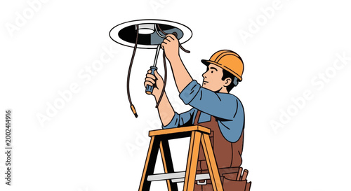 Electrician on ladder installing recessed ceiling light. Worker wiring fixture with screwdriver. Vector illustration
