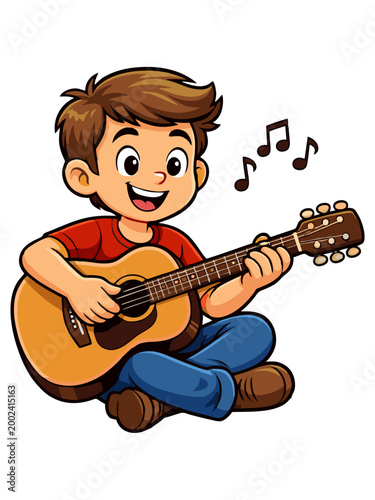 Illustration of a happy boy playing an acoustic guitar while sitting cross-legged and smiling.