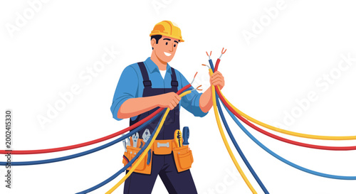 Smiling electrician in hard hat installing colorful electrical cables