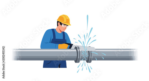 Professional plumber cutting leaking metal pipe with water spray