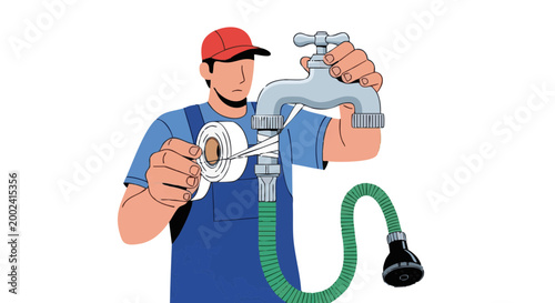 Plumber sealing faucet pipe threads with tape. Vector illustration of handyman repairing water leak