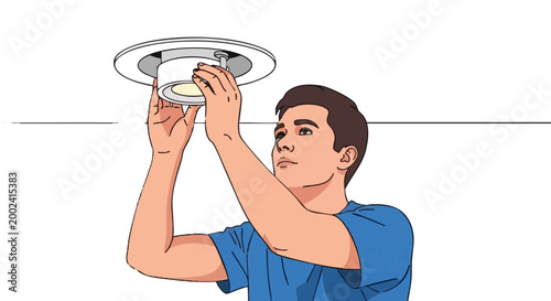 Electrician installing recessed ceiling light. Man working on home improvement. Vector illustration