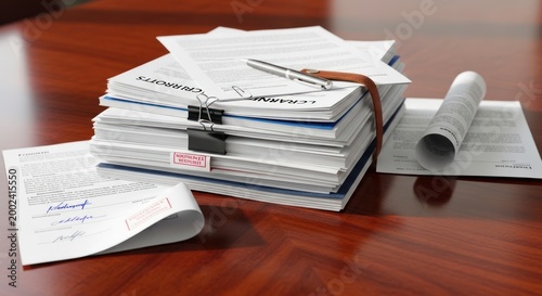 A stack of documents with papers and a scroll on a wooden desk, organized with clips and a ribbon