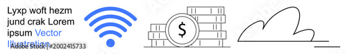 Wireless technology, financial growth, cloud services, digital economy, remote connectivity, innovation. wireless signal, stacked coins with dollar symbol and outlined cloud. Wireless technology