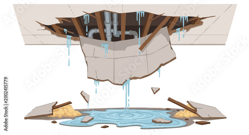 Water leak damage with collapsed ceiling, dripping pipes and puddle on floor. Vector illustration of home repair emergency