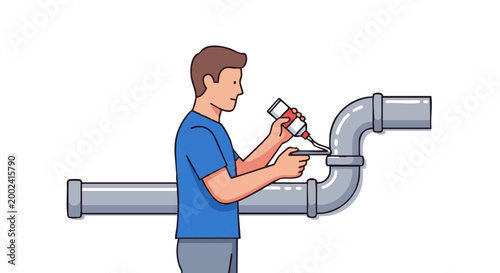 Man applying sealant to pipe joint with caulking gun. Vector illustration
