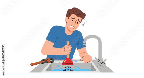 Stressed man unclogging kitchen sink with plunger vector illustration