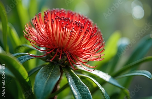 Detailed macro view of a vibrant red Waratah flower in bloom. Lush green leaves surround the delicate petals and stamen. Soft light illuminates the botanical subject in its natural habitat.