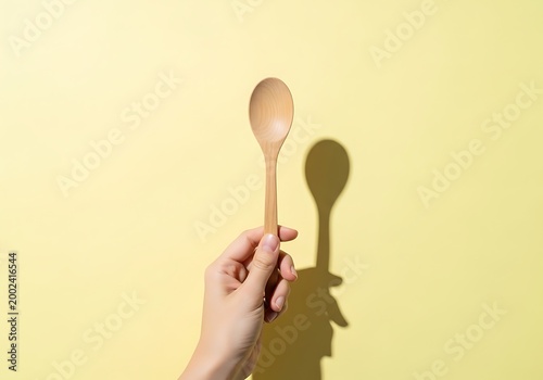 Hand holding a wooden spoon on a yellow background with harsh shadow